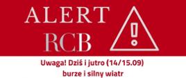 Grafika - alert RCB - informujący, że dziś i jutro (14/15.09) burze i silny wiatr w woj. świętokrzyskim, podkarpackim, lubelskim, łódzkim i części woj. mazowieckiego. 