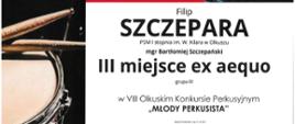 kwadraty białe i z fragmentami perkusji, na środku czerwony prostokąt z logo konkursu, czarne napisy informacyjne