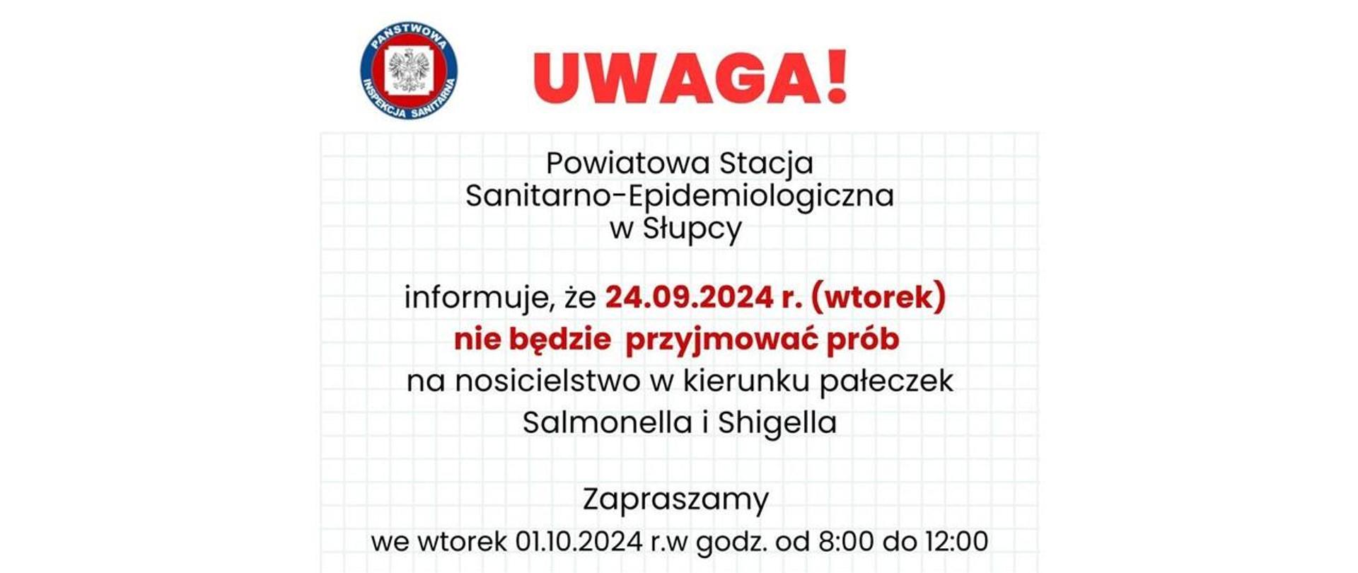 Uwaga! Sanepid informuje, że próby kału do badań na nosicielstwo nie będą przyjmowane w dniu 24.09.2024 r.