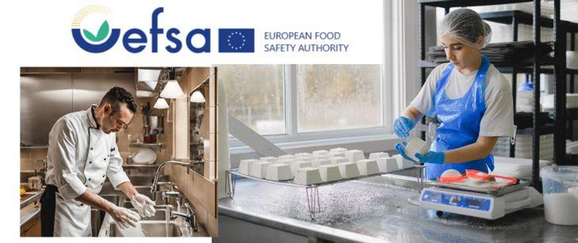 Po lewej stronie kucharz w białym fartuchu w kuchni myje brudne ręce pod zlewem. Po prawej stronie pani w zakładzie produkcyjnym ubrana w białą koszulkę, niebieski fartuch w niebieskich rękawiczkach lateksowych i czepku na głowie podczas pracy wytwarzania sera białego. Na górze logo Europejskiego Urzędu ds. Bezpieczeństwa Żywności.