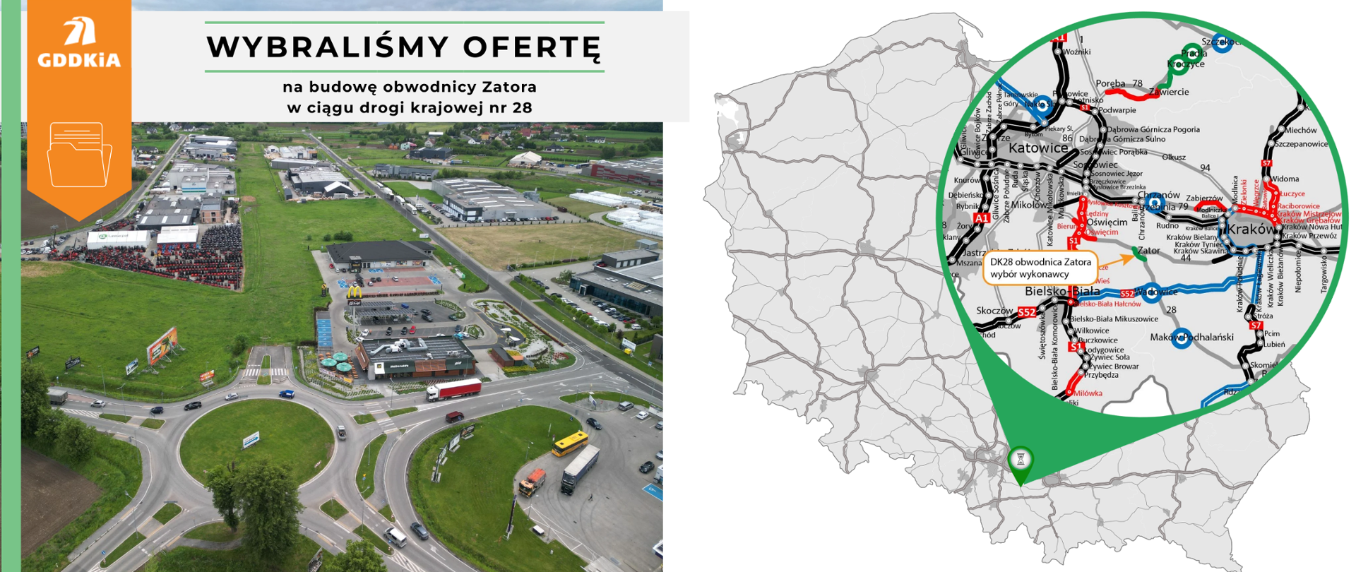 Grafika mapy Małopolski po prawej stronie - z naniesionymi inwestycjami w realizacji i przygotowaniu. Po lewej stronie zdjęcie lotnicze ronda.