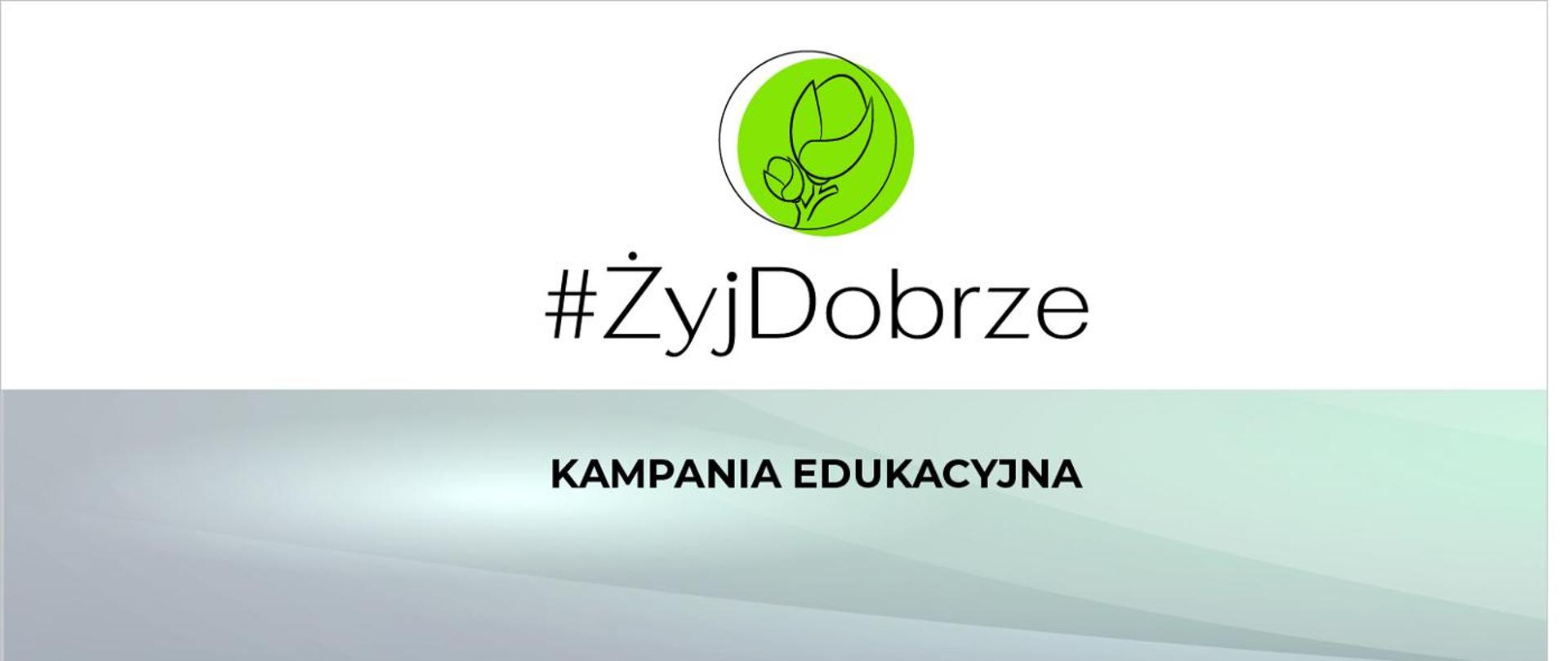 Zdjęcie przedstawia logo kampanii (dwa kwiaty w kole na zielonym tle) oraz napis #ŻyjDobrze i "Kampania Edukacyjna"