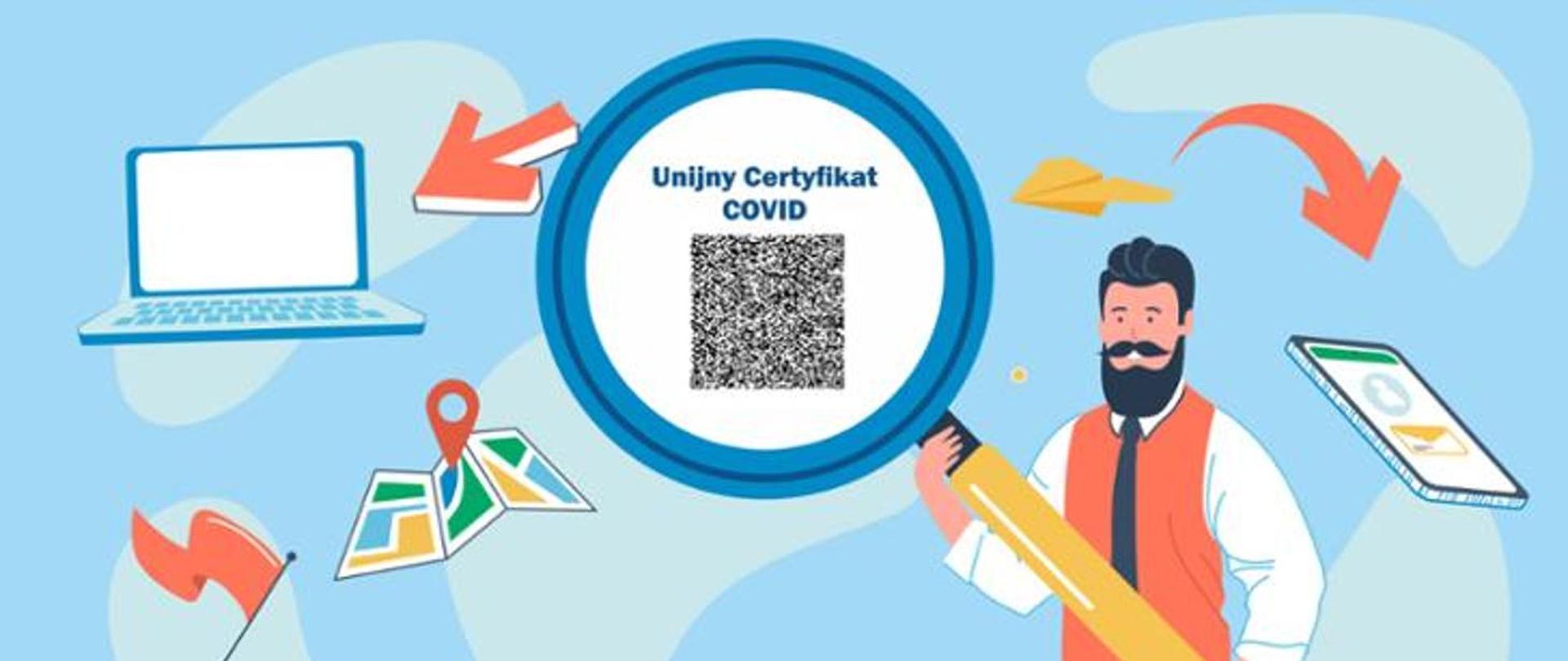 Grafika przedstawia postać trzymającą lupę, gdzie widnieje napis: Unijny Certyfikat COVID wraz z kodem QR. Tło jest niebieskie, na którym znajduje się laptop, telefon oraz mapa z symbolem lokalizacji.