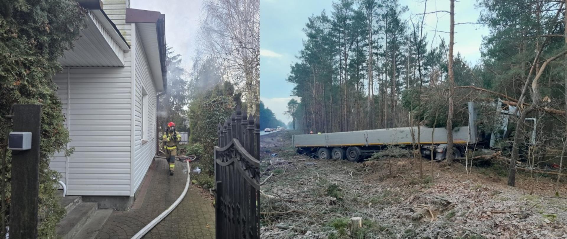 Zdjęcie przedstawia strażaka w ubraniu specjalnym, czerwonym hełmie na głowie oraz z maską aparatu oddechowego na twarzy. Strażak idzie wzdłuż budynku z białą elewacją. Na chodniku rozwinięty jest wąż strażacki. W tle widać drzewa. Ciągnik siodłowy słabo widoczny przez połamane drzewa ze znacznymi uszkodzeniami. Naczepa wystaje na pas drogowy. Po lewej stronie widoczna droga krajowa.