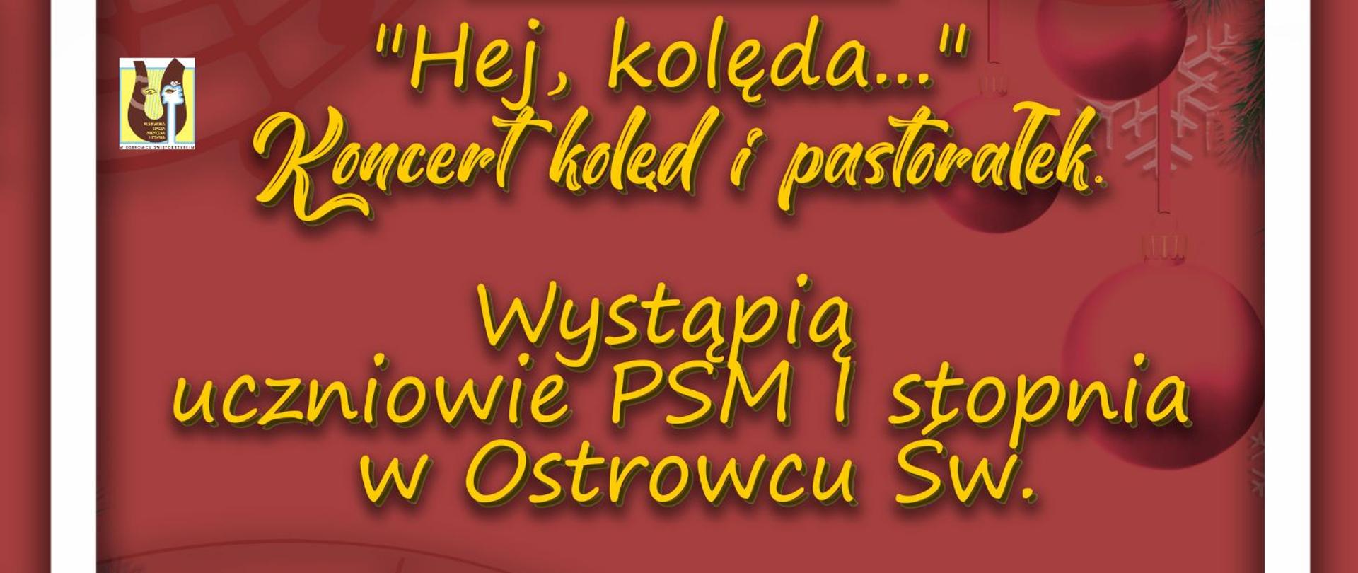 napisy w kolorze żółtym na tle w kolorze czerwonym z gałązkami choinki w kolorze zielonym i z logiem szkoły po środku w kolorze żółto-brązowym