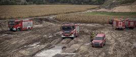 Zdjęcie przedstawia pojazdy pożarnicze na żwirowni, jeden z nich przejeżdża przez zaniżenie z wodą. Po środku przy aucie typu pick-up stoi grupa strażaków.