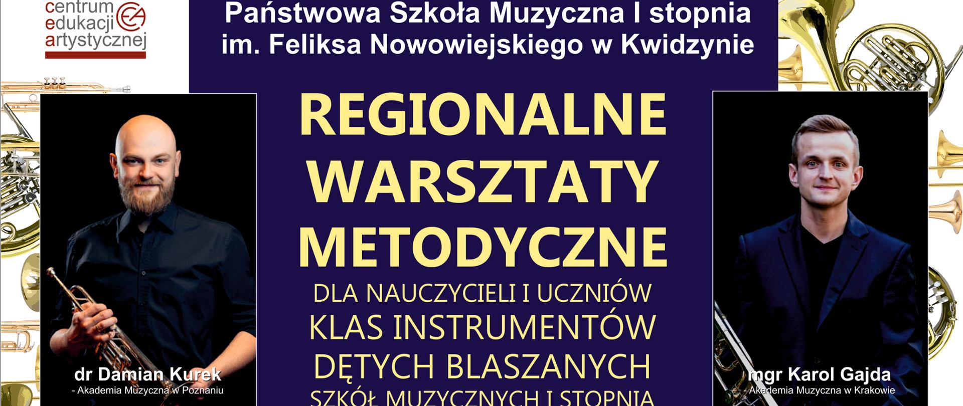 Grafika przedstawia fotografie muzyków ora instrumentów, żółte napisy na granatowym tle z informacjami o regionalnych warsztatach metodycznych