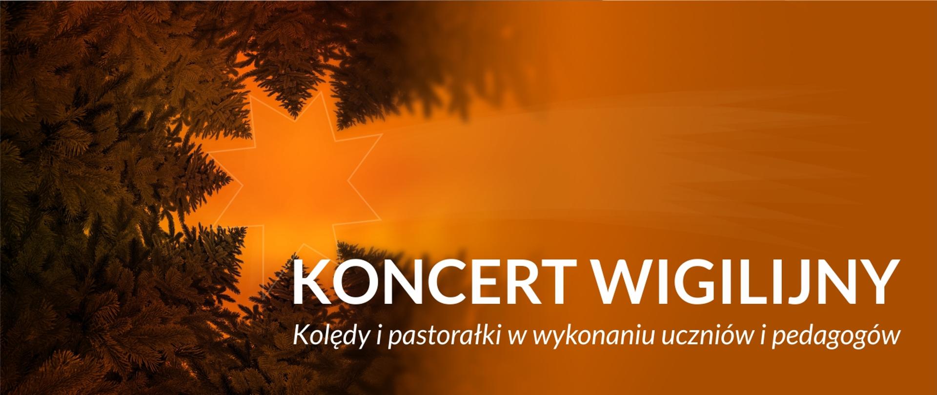 Grafika przedstawia zdjęcie choinek i gwiazdy betlejemskiej oraz prezentuje napis: Koncert wigilijny. Kolędy i Pastorałki w wykonaniu uczniów i pedagogów