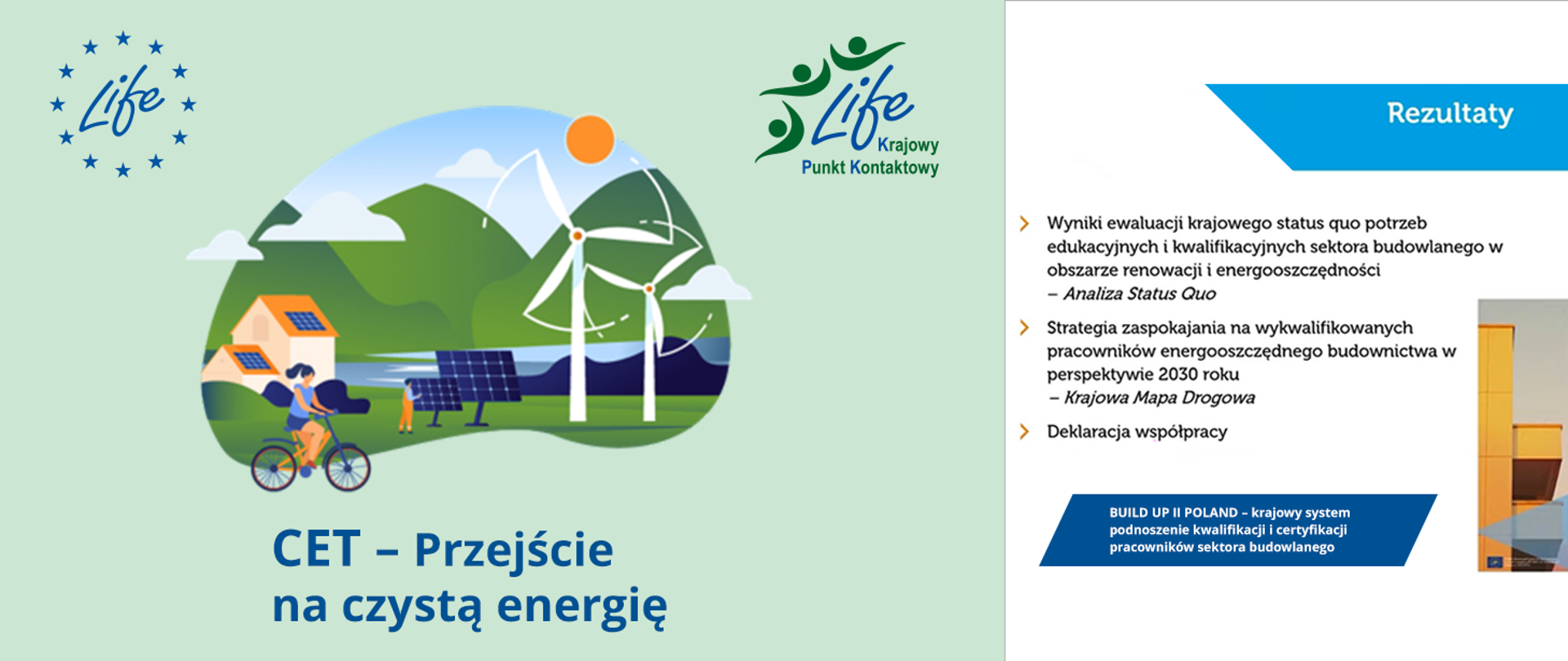 Ilustracja do filmu Life - przejście na czystą energię. Grafika przedstawia instalacje fotowoltaiczne na budynkach oraz wolnostojące a także mikroinstalacje wiatrowe. W tle widać rzekę, kobietę jadącą na rowerze oraz pracownika obsługującego fotowoltaikę. 