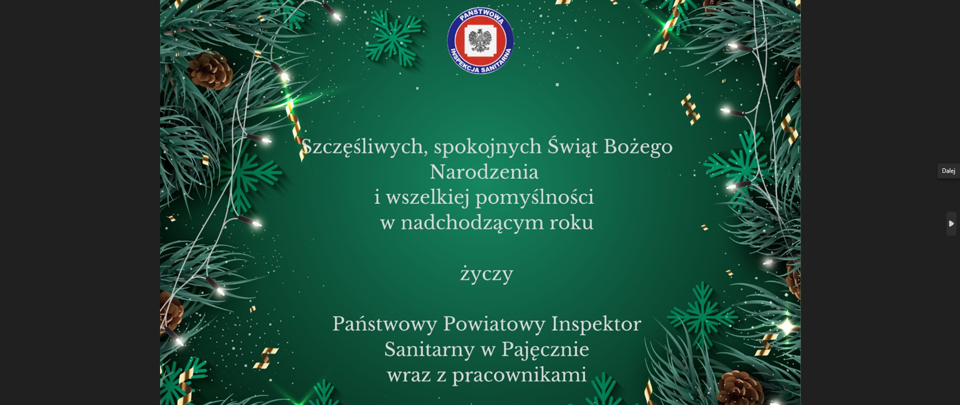 Życzenia Świąteczne: Szczęśliwych, spokojnych Świąt Bożego Narodzenia i wszelkiej pomyślności w nadchodzącym roku życzy Państwowy Powiatowy Inspektor Sanitarny w Pajęcznie wraz z pracownikami