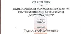 Grafika przedstawia dyplom z napisem Grand Prix "Muzyczna Jesień" Franciszek Mazurek