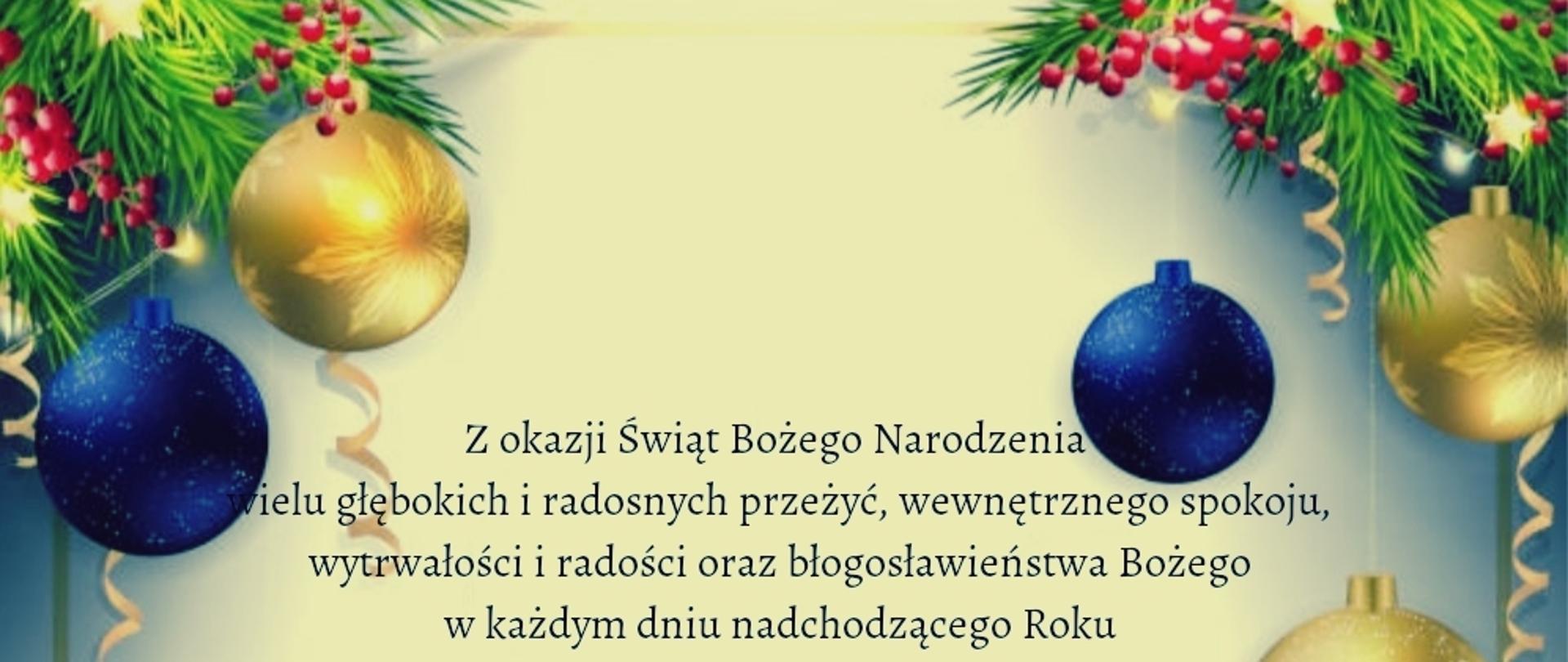 plakat na białym tle przedstawiający od góry, po bokach stroiki świąteczne z wiszącymi bombkami, w części środkowej napisy z życzeniami świątecznymi od dyrektora Państwowej Szkoły Muzycznej