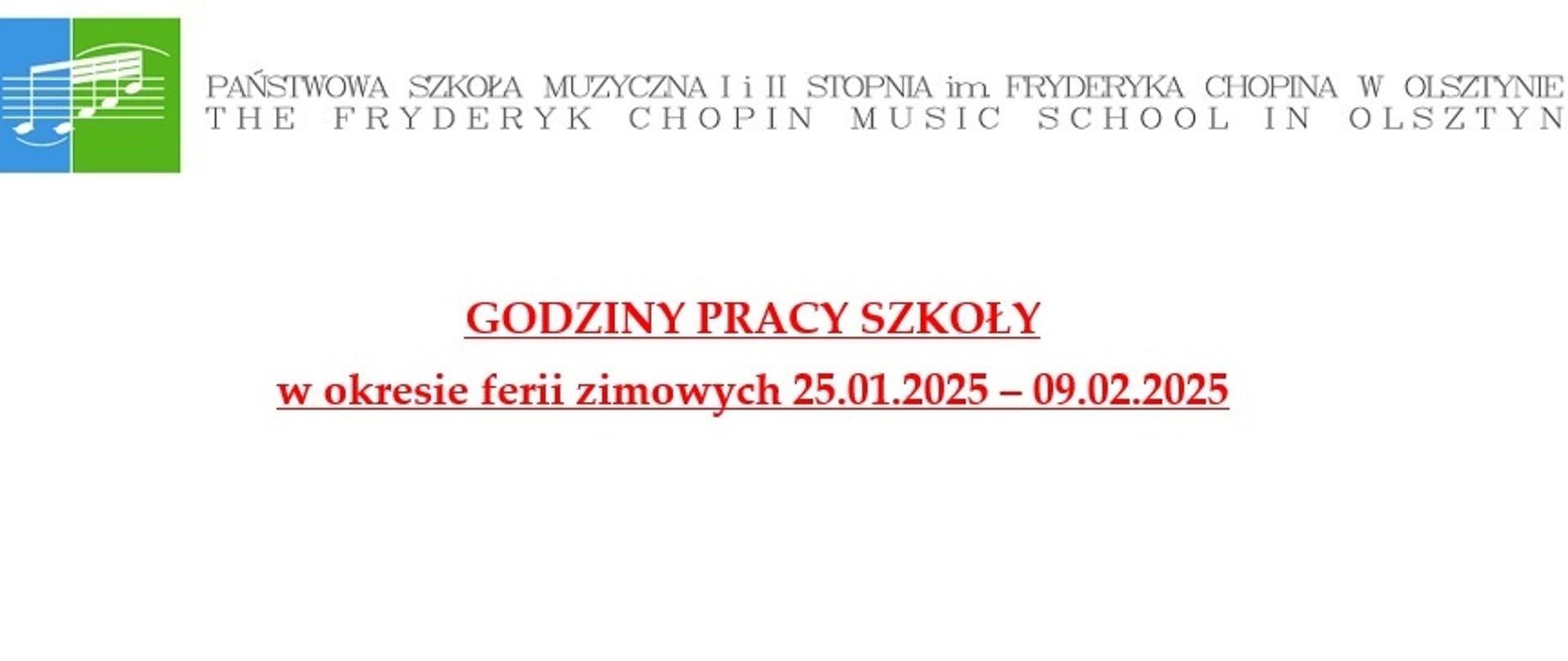 Godziny pracy szkoły w okresie ferii zimowych