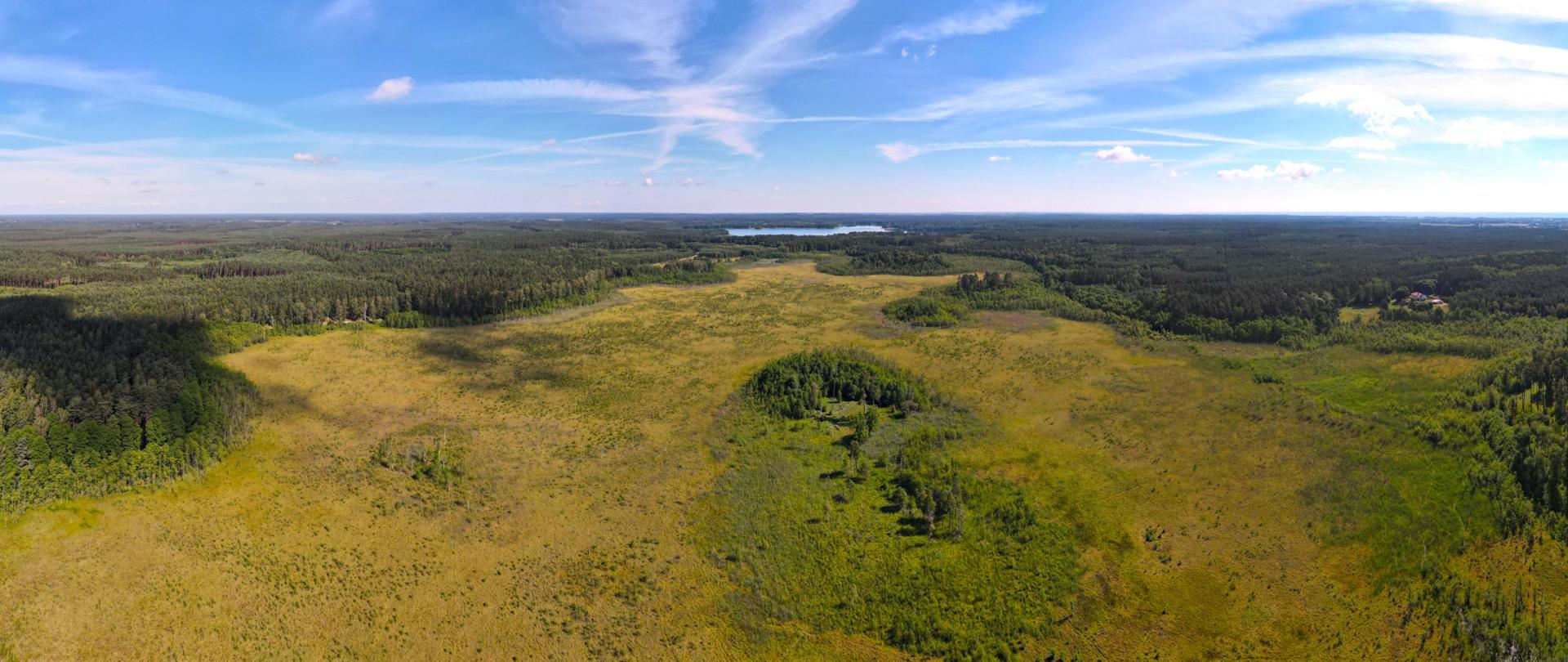 Widok z drona na Projektowany rezerwat przyrody „Bagno Krzewińskie”, na pierwszym planie podmokłe łąki, dalej las i zbiornik wody, a nad nimi błękitne niebo i białe chmury