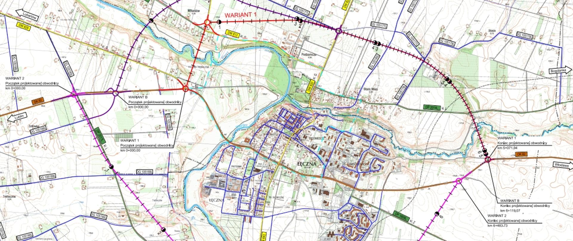 Mapa przedstawiająca rzut topograficzny miejscowości Łęczna z zaznaczonymi wariantami przebiegu nowej obwodnicy. Warianty omijają miejscowość od północy i południa.