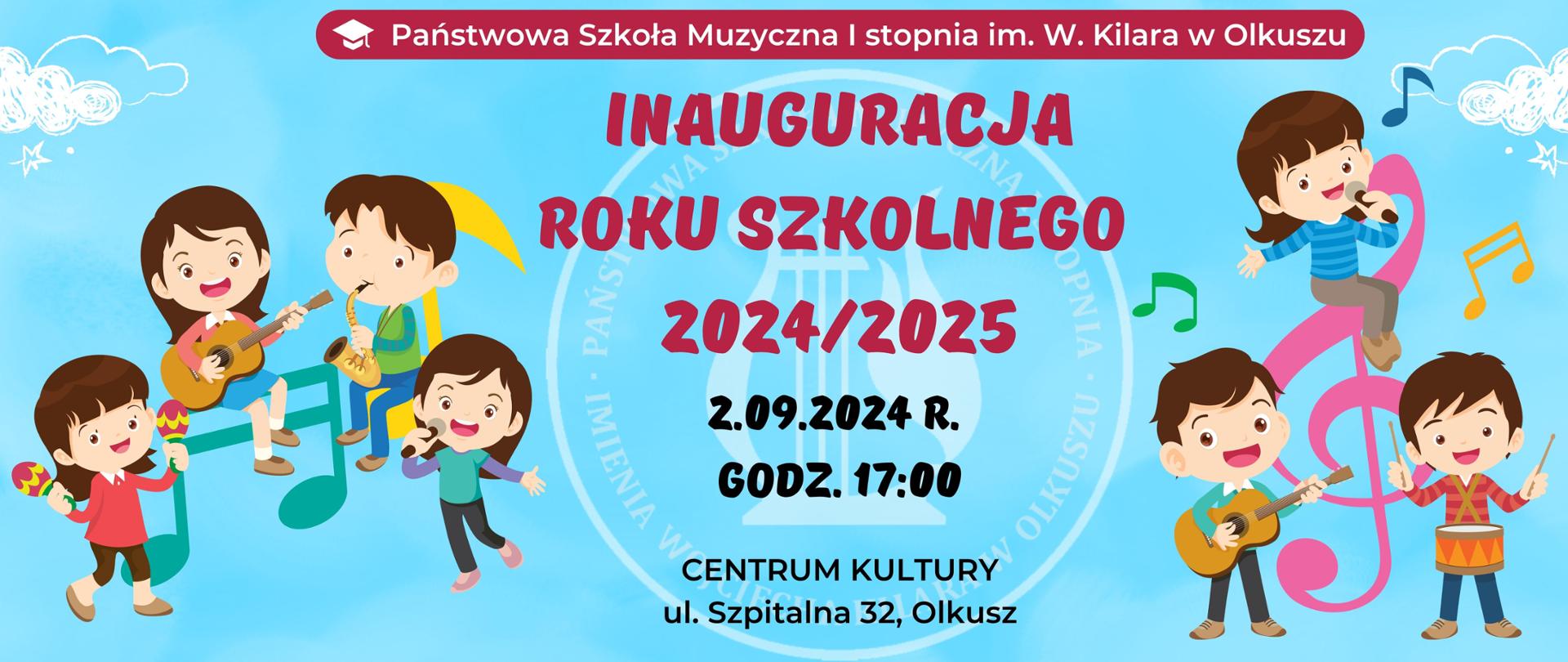 niebieskie tło, rysunkowe dzieci grające na instrumentach, czerwone i czarne napisy