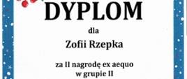 białe tło, rama niebieska, padający śnieg, na dole sanie z Mikołajem, czarne napisy informacyjnej