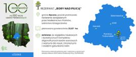 Informacje o rezerwacie Bory nad Pilicą. Na zdjęciu mapa i planowana powierzchnia.