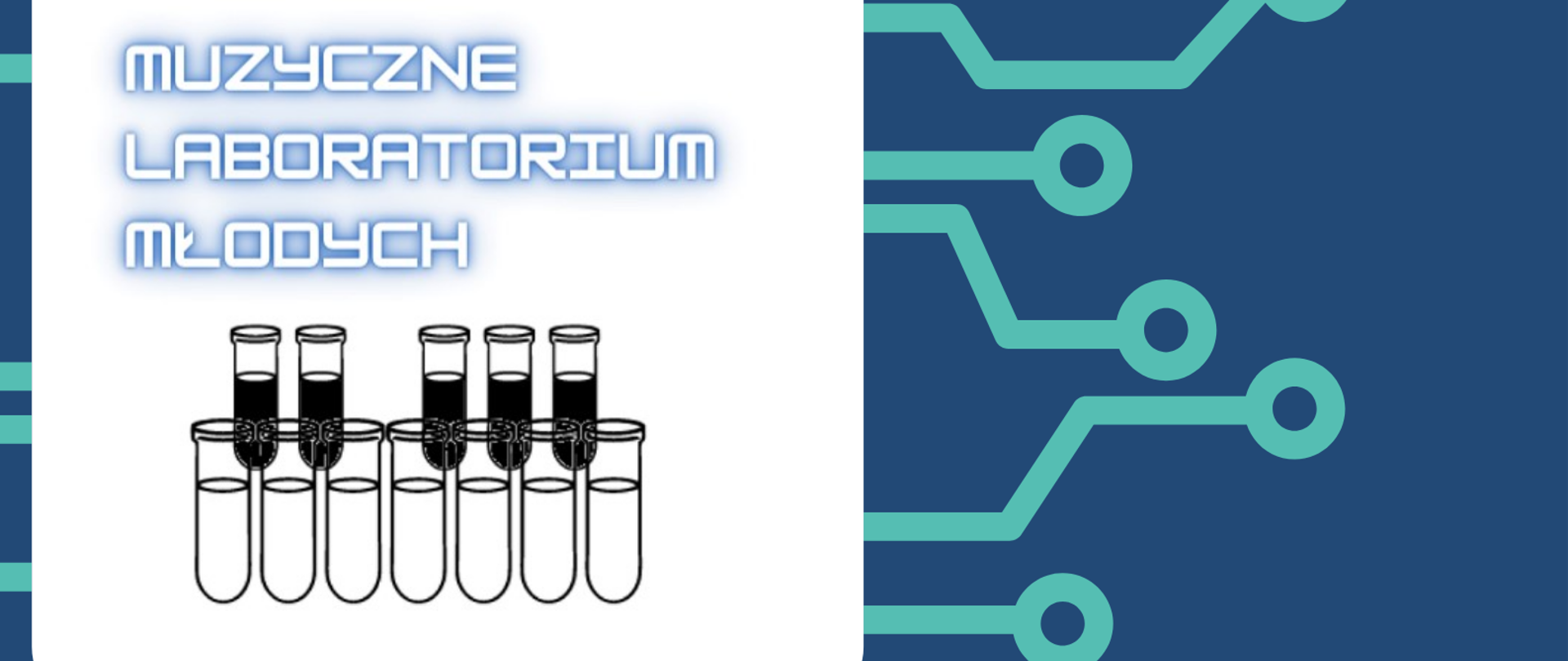 Niebieska grafika przedstawiająca próbki chemiczne - naczynia podłużne na białym tle. Obok białe duże litery z nazwiskami wykonawców koncertu Muzyczne Laboratorium Młodych. Białe liternictwo z nazwiskami wykonawców i terminami.