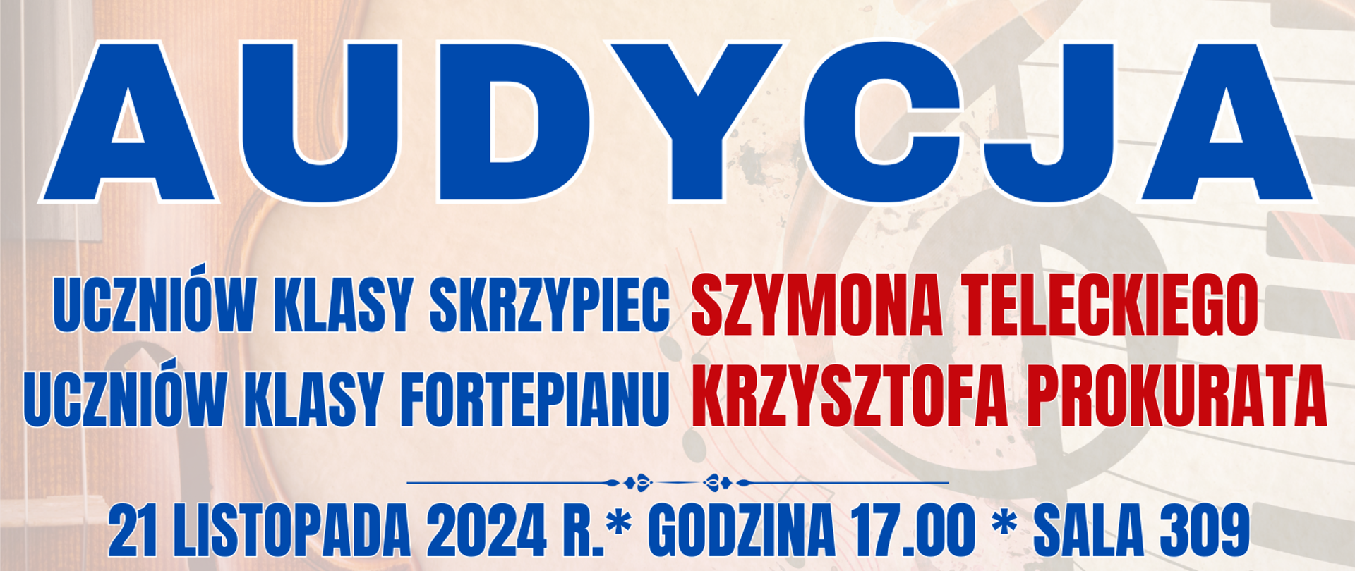 baner z kolorowym tłem z półprzezroczystymi skrzypcami oraz klawiaturą fortepianu oraz informacja o audycji