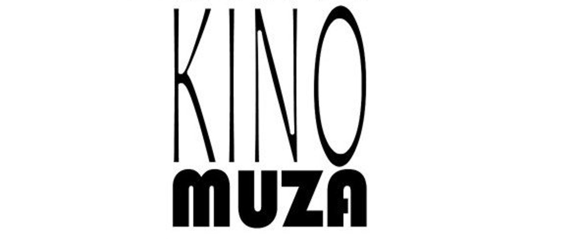 Logo Kina Muza, czarne linie poprowadzone w taki sposób że przedstawiają projektor filmowy, dwie rolki taśmy i obiektyw, poniżej napis KINO muza