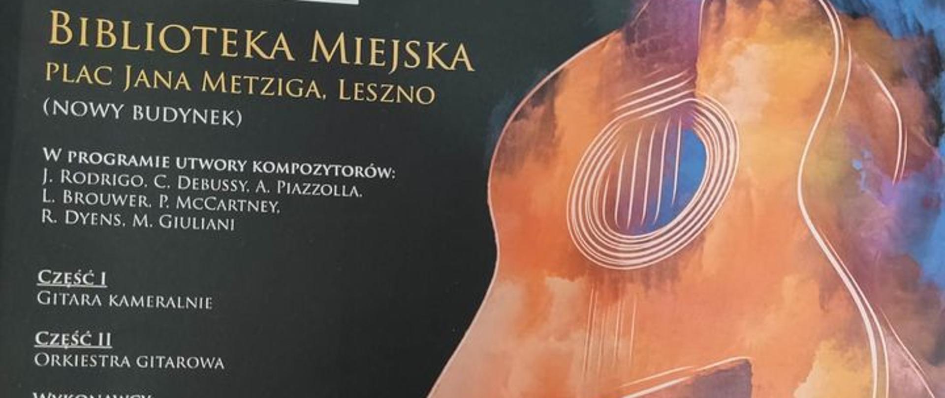 Zdjęcie przedstawia plakat festiwalu. Po prawej stronie widać delikatnie rozmazaną gitarę na kolorowym tle. Po lewej stronie umieszczony został program festiwalu. 