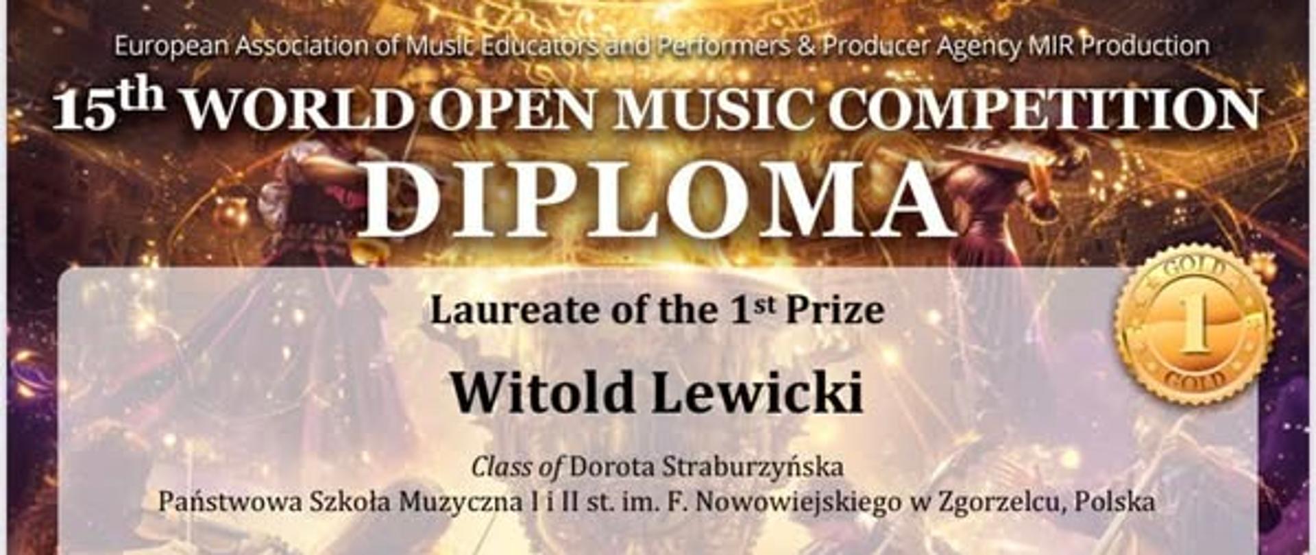 Dyplom za zajęcie I miejsca w World Open Music Competition