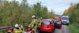 Zdjęcie przedstawia dwa samochody osobowe po zderzeniu stojące na drodze. Strażacy udzielają kwalifikowanej pierwszej pomocy poszkodowanym W tle samochody pożarnicze, karetka i drzewa.