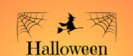 Plakat informujący o wieczorku filmowym z okazji halloween, pomarańczowe tło, czarny napis halloween, czarne grafiki czarownicy na miotle i pajęczyn