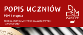 Plakat promujący występ uczniów. Na czerwonym tle białe napisy, na dole jest fragment zdjęcia otwartej partytury umieszczonej na klawiszach fortepianu.