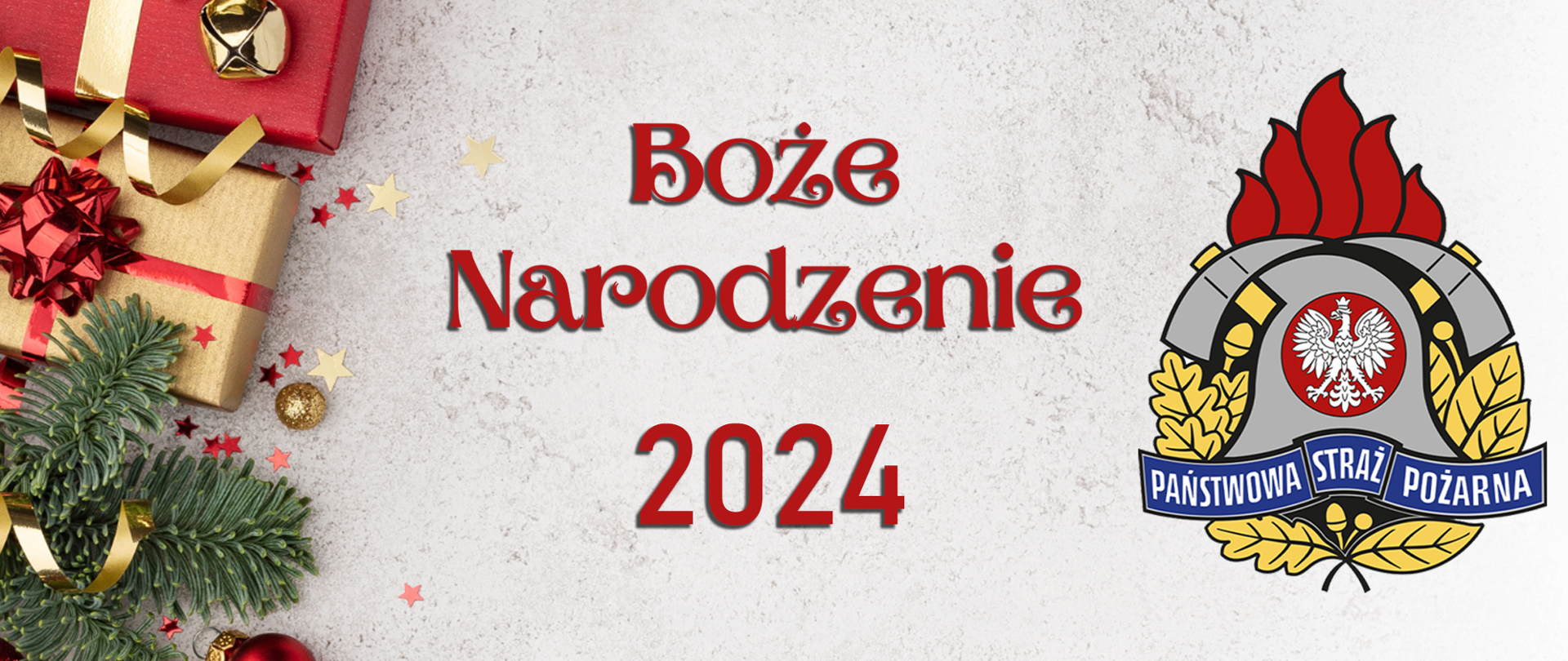 Zdjęcie poglądowe na kremowym tle logo Państwowej Straży Pożarnej. Po lewej stronie napis widnieje napis Boże Narodzenie 2024. Po lewej stronie dalej gałązka choinkowa świąteczna z bombkami, gwiazdkami i prezenty. 