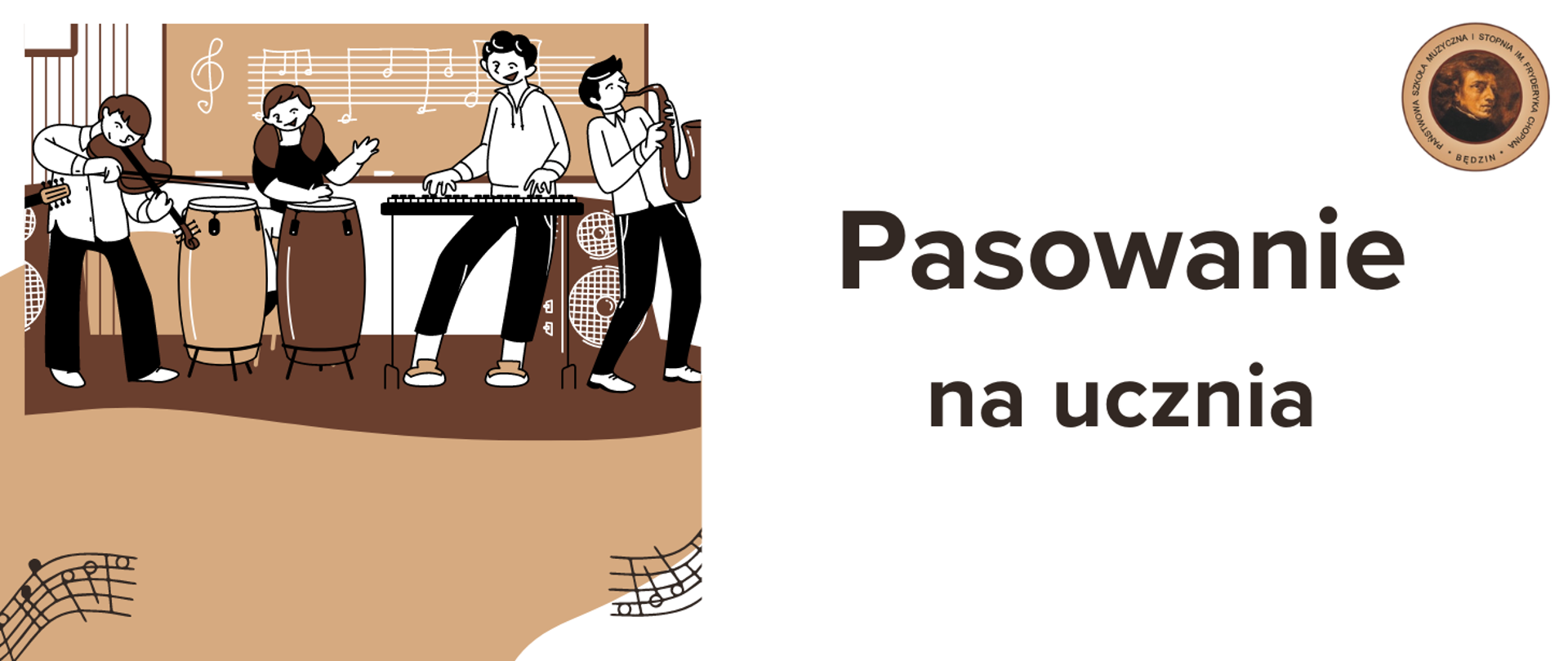 baner na jasnym beżowym tle, na środku napisy, po lewej ikony muzyków