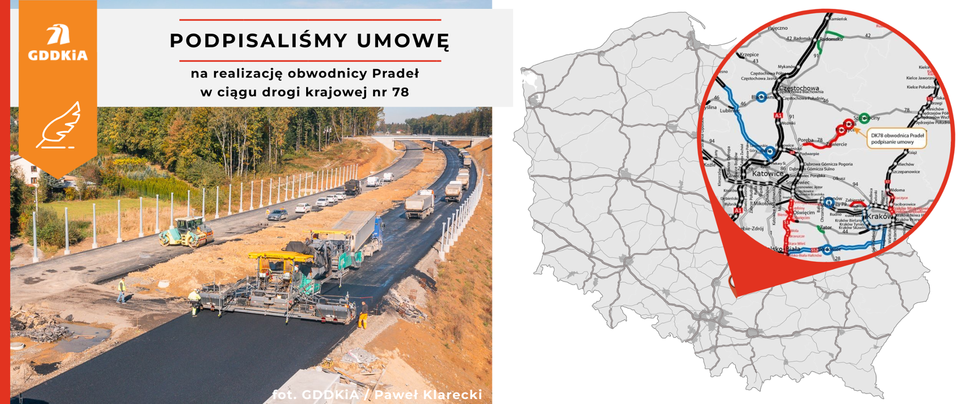 Grafika przedstawia podpisanie umowy na realizację obwodnicy Pradeł w ciągu drogi krajowej nr 78. Po lewej stronie znajduje się logo Generalnej Dyrekcji Dróg Krajowych i Autostrad (GDDKiA) oraz zdjęcie budowy drogi, gdzie pracują maszyny i robotnicy. Po prawej stronie jest mapa Polski z zaznaczonym obszarem, w którym będzie budowana obwodnica. Widoczny jest powiększony fragment z trasą DK78.