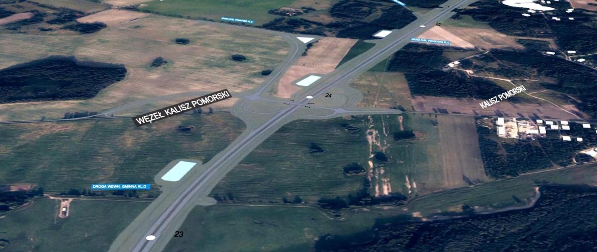 Wizualizacja przebiegu trasy S10 naniesiona na zdjęcie lotnicze okolic Kalisza Pomorskiego.