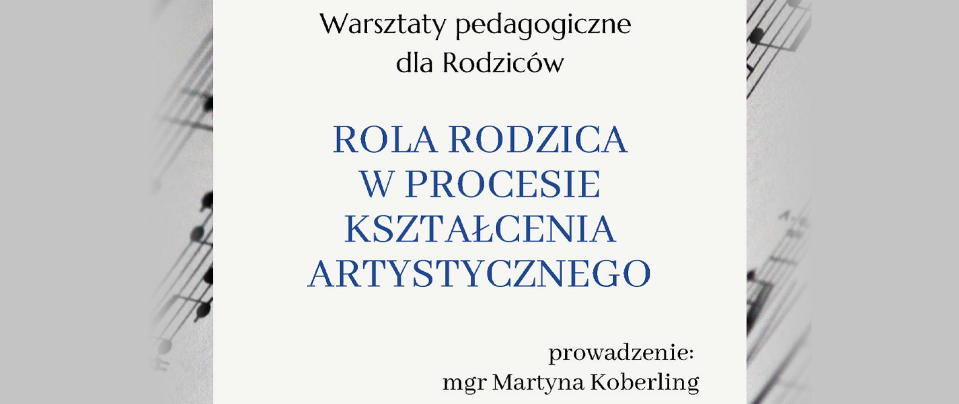 Baner zapowiadający warsztaty, tytuł i nazwisko prowadzącego.