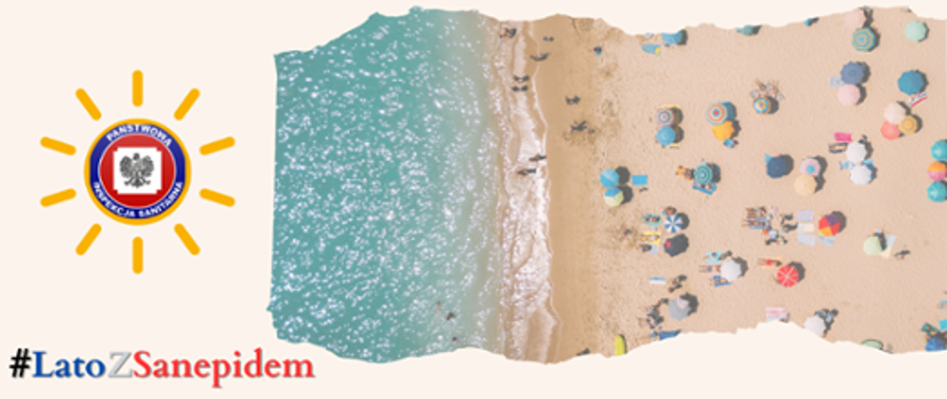 Plakat akcji Lato z sanepidem. na plakacie wycinek plaży z plażowiczami, obok logo Inspekcji Sanitarnej w słoneczku"