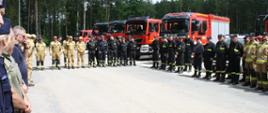 Strażacy oraz Służb współdziałających w szyku, w tle pojazdy pożarnicze