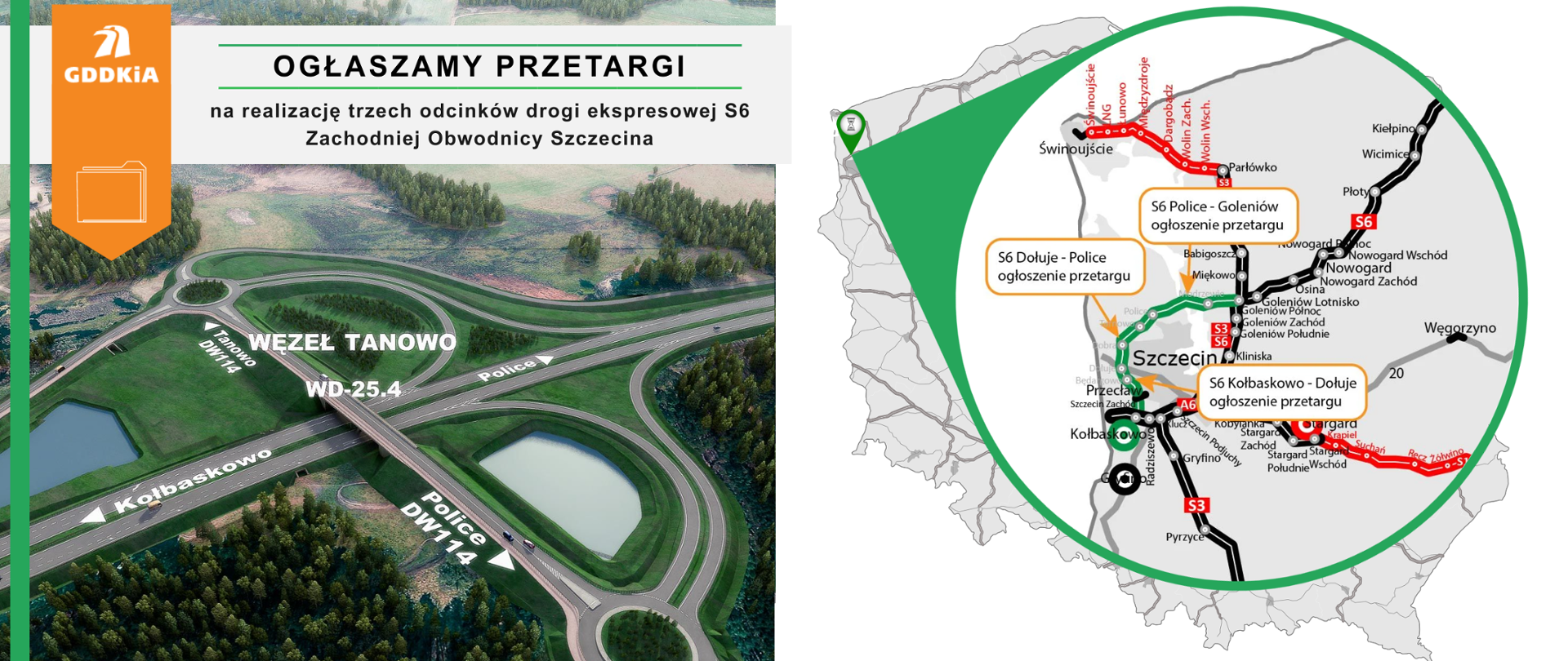 Grafika przedstawia ogłoszenie przetargu na realizację trzech odcinków drogi ekspresowej S6 Zachodniej Obwodnicy Szczecina. Po lewej stronie znajduje się wizualizacja węzła drogowego Tanowo (WD-25.4), który łączy drogi DW114 z Kołbaskowem i Policami. Po prawej stronie znajduje się mapa z zaznaczonymi odcinkami drogi S6, które obejmują przetargi: S6 Police - Goleniów, S6 Dołuje - Police oraz S6 Kołbaskowo - Dołuje. Na mapie zaznaczone są również inne drogi ekspresowe i autostrady w regionie Szczecina.