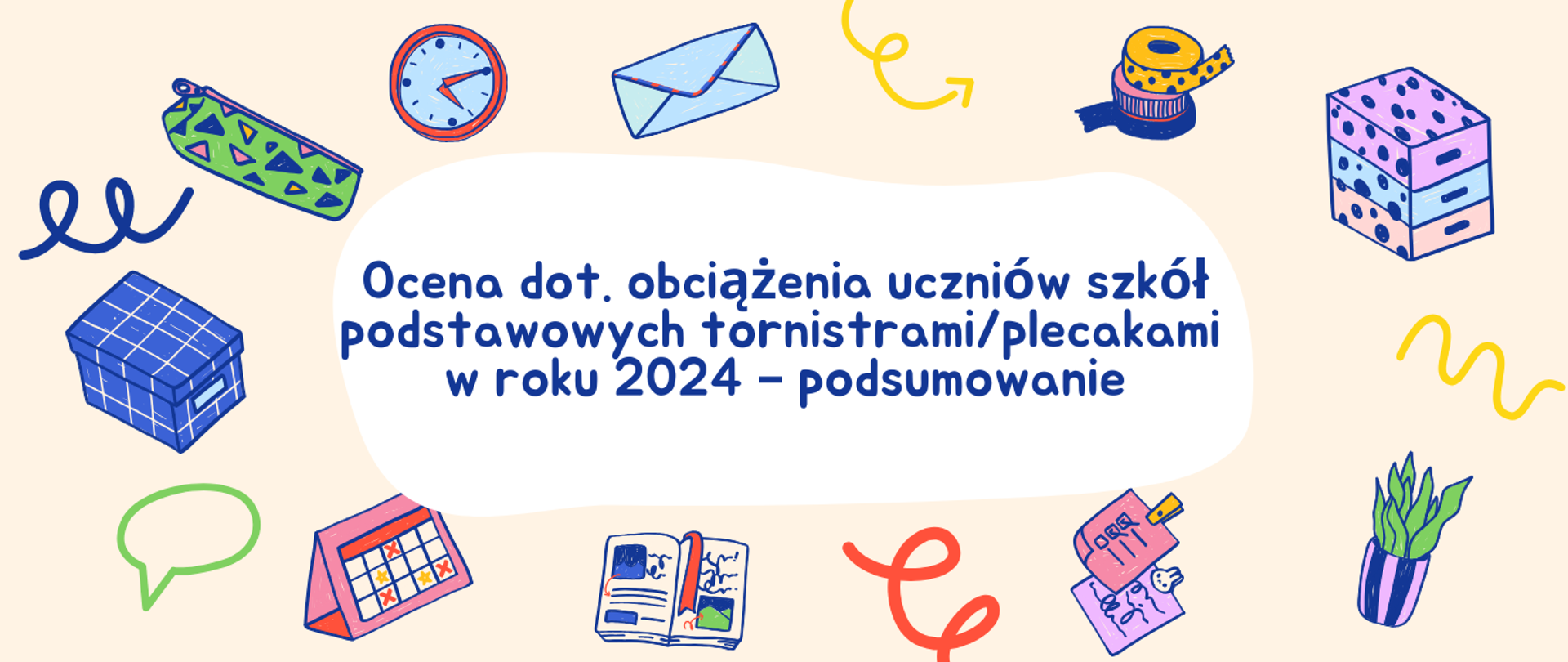 Zdjęcie przedstawia napis : "Ocena dot. obciążenia uczniów szkół podstawowych plecakami/tornistrami w roku 2024 - podsumowanie" otoczony obrazkami, takimi jak: zegar, koperta, pudło, kwiat w doniczce, książka, piórnik, taśma