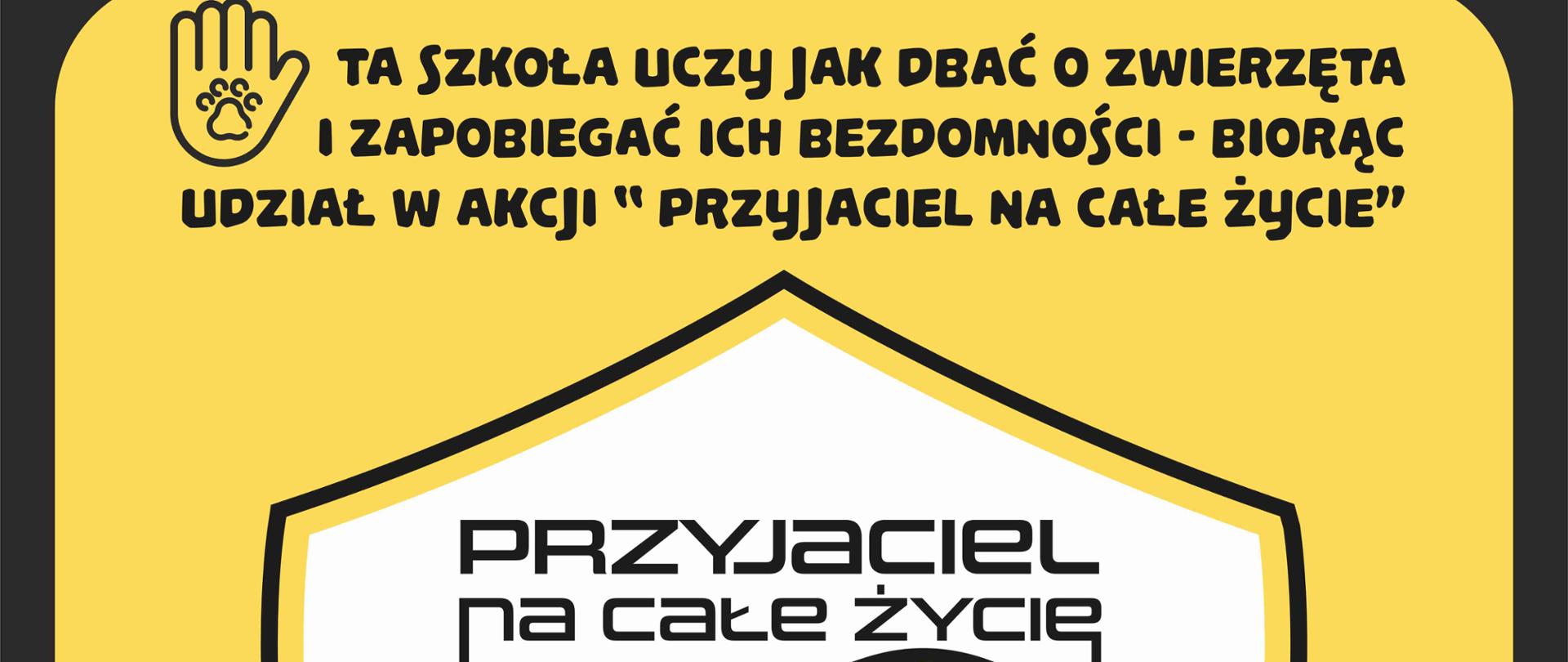 Informacja o tym, że ta szkoła uczy, jak dbać o zwierzęta, pośrodku grafika przedstawiająca serce, a w nim różne zwierzęta