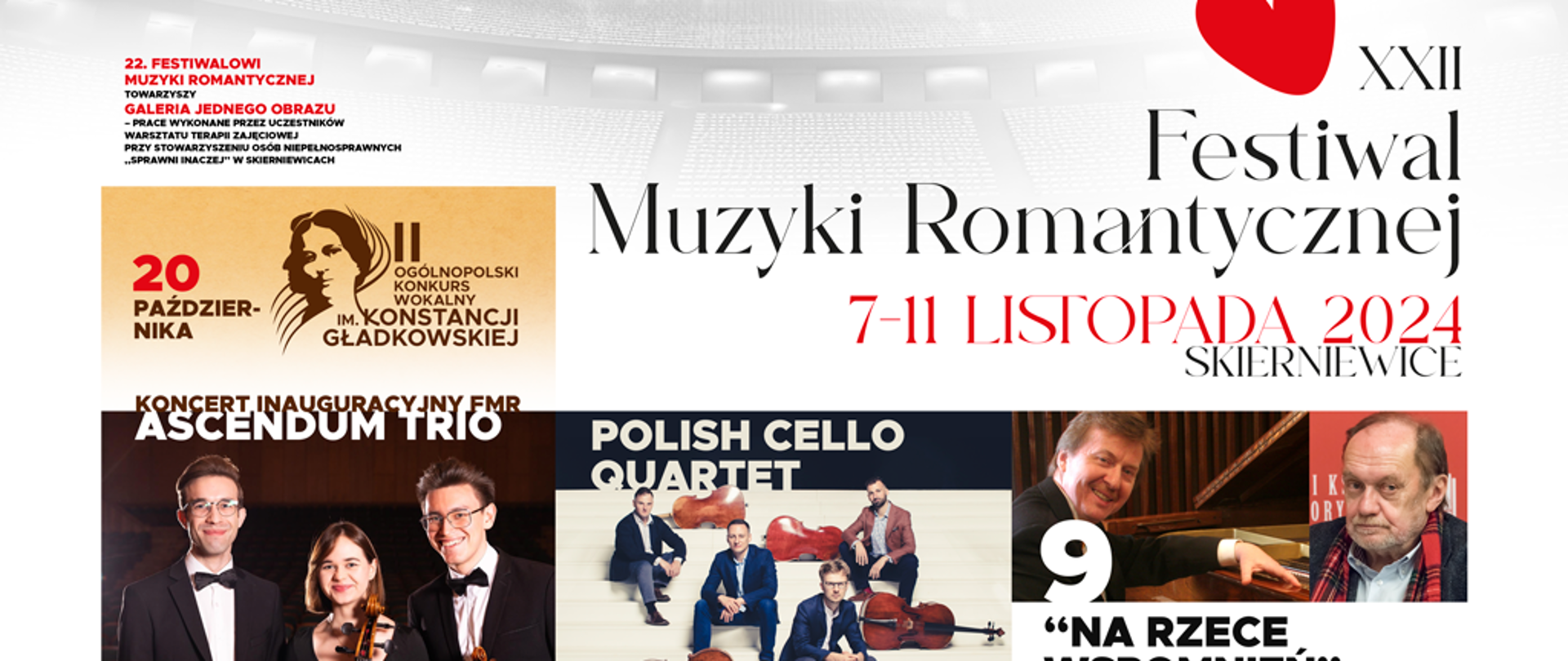 Plakat przedztawia 7 propozycji imprez w ramach XXII Festiwalu Muzyki Romantycznej.
W środkowej części znajduja się loga sponsorów.
XXII Festiwal Muzyki Romantycznej 7-11 listopada 2024r.
