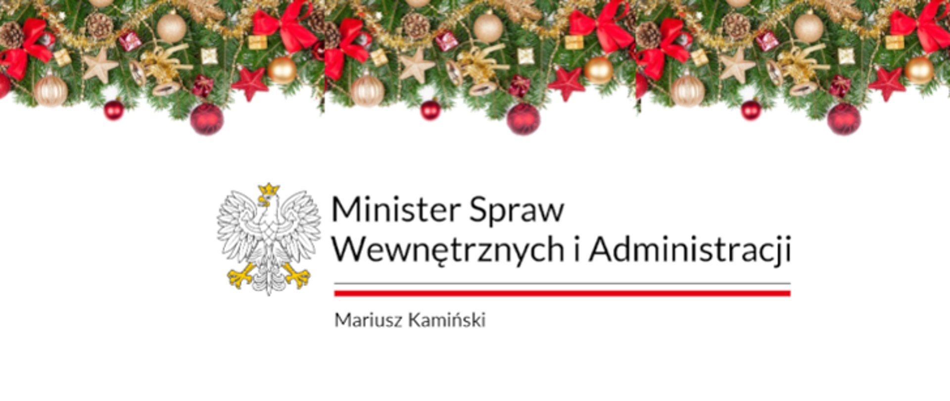 Logo Ministra Spraw Wewnętrznych i Administracji z okazji Świąt Bożego Narodzenia ozdobione banerem z dekoracjami świątecznymi