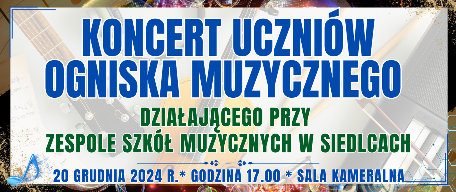 baner z ciemną ramką w tle półprzezroczyste instrumenty muzyczne praz informacja o wydarzeniu