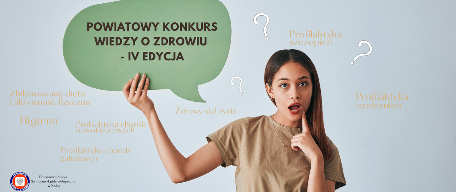 Zdjęcie przedstawia kobietę oraz informację dotyczącą Powiatowego Konkursu Wiedzy o Zdrowiu