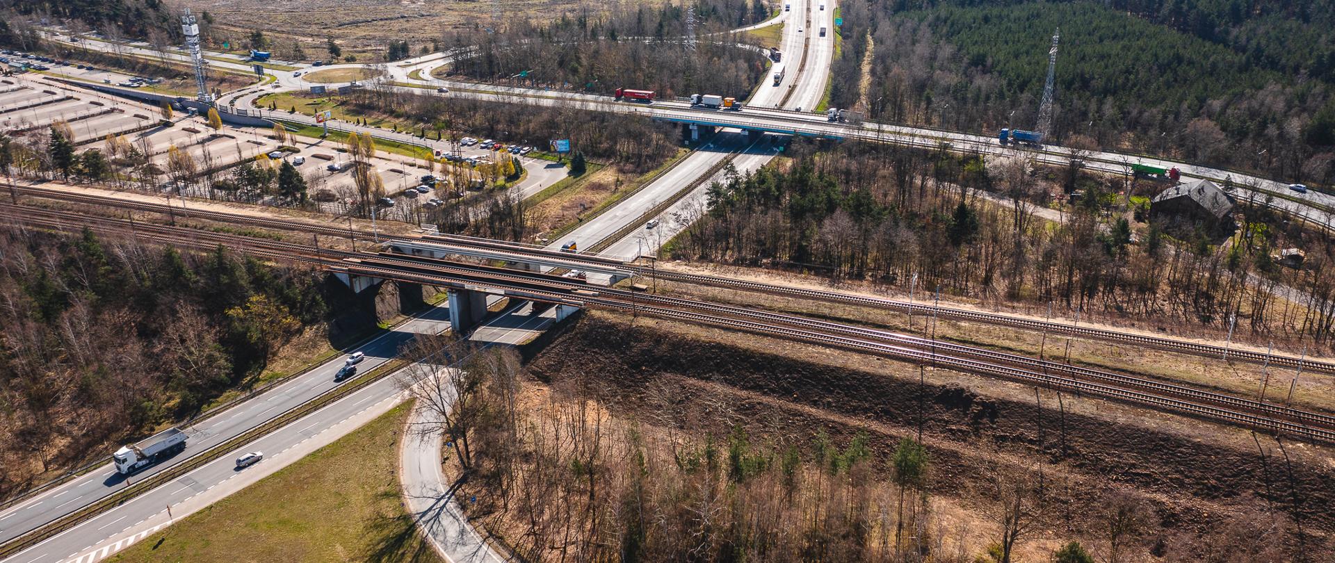 Fotografia przedstawia widok z lotu ptaka na skrzyżowanie dróg i linii kolejowej w otoczeniu lasów i terenów zielonych. Na zdjęciu widoczne są trzy poziomy infrastruktury: na najwyższym poziomie znajduje się autostrada z kilkoma pojazdami, poniżej biegnie linia kolejowa, a na najniższym poziomie widoczna jest droga lokalna z kilkoma samochodami. W tle widać parking oraz rozległe tereny zielone i leśne. Całość tworzy obraz złożonej infrastruktury transportowej w otoczeniu przyrody.