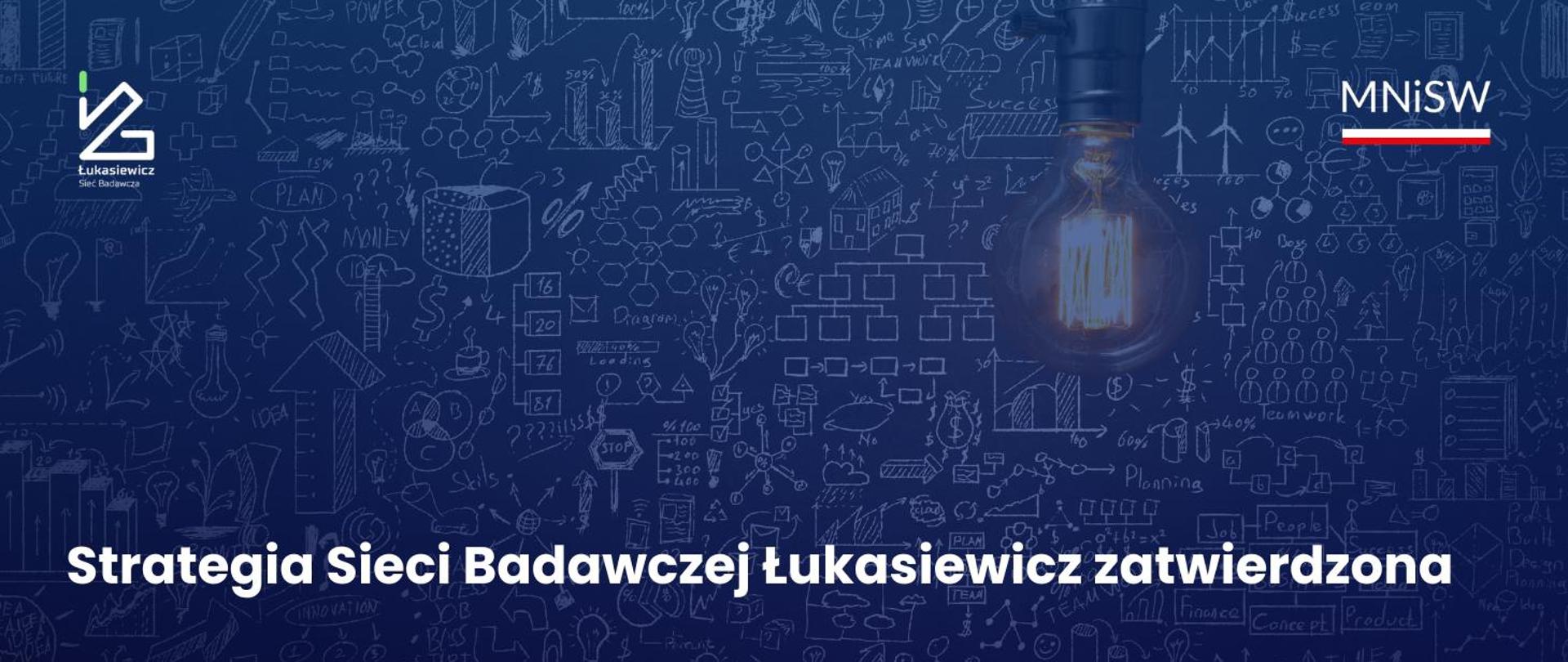 Grafika - na granatowym tle drobny wzorek rozmaitych schematów i urządzeń, u góry świecąca żarówka, poniżej napis Strategia Sieci Badawczej Łukasiewicz zatwierdzona.