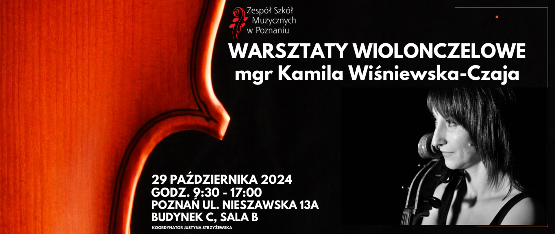 Baner na czarnym tle, ze zdjęciem wykładowczyni mgr Kamila Wiśniewska-Czaja , 29 października 2024, godz. 9:30 - 17:00, Poznań, ul. Nieszawska 13a, Budynek C, sala B