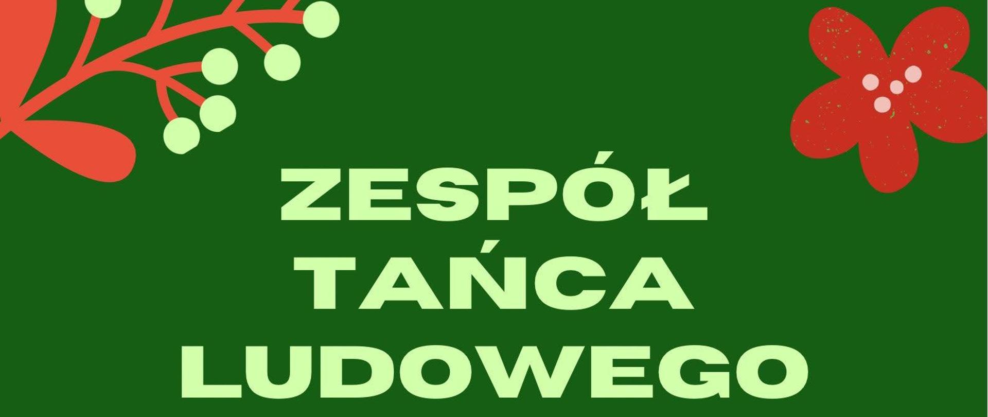 Na zielonym tle zdjęcie dzieci ubranych w stroje ludowe, stojących na scenie. Tekst w kolorze jasnozielonym zapraszający na zajęcia zespołu tańca ludowego.