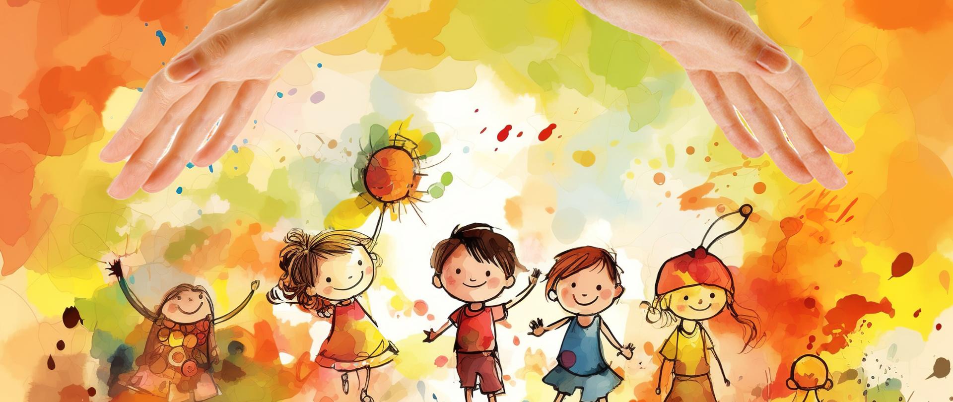 Akwarela w kolorach jesiennych przedstawiająca grupę wesołych dzieci oraz dwie dłonie nad nimi. 