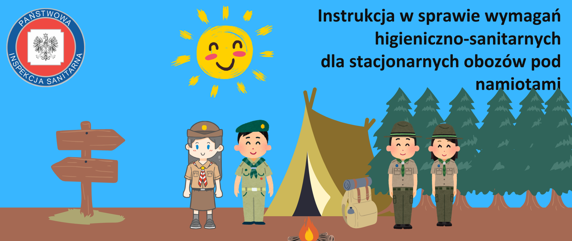 Infografika przedstawia młodzież wypoczywającą na obozie pod namiotami, w tle widoczne: drogowskaz, młodzież namiot, ognisko, drzewa.